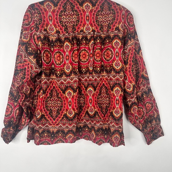 Carole Little  Mock Neck Blouse Sz M | Red Black Boho Abstract Print Long Sleeve - Picture 4 of 14